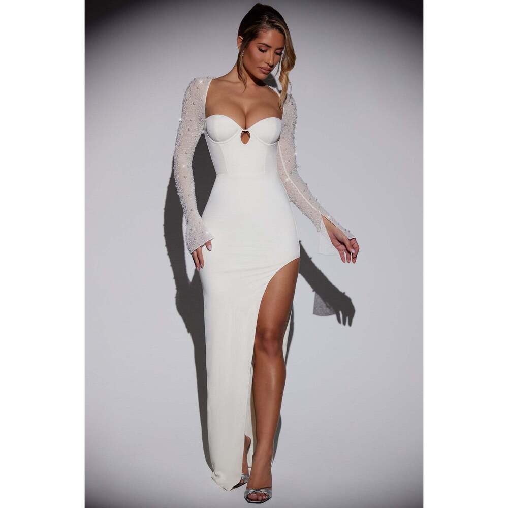 Oh Polly White Maxi Dress with Sheer Sleeves
